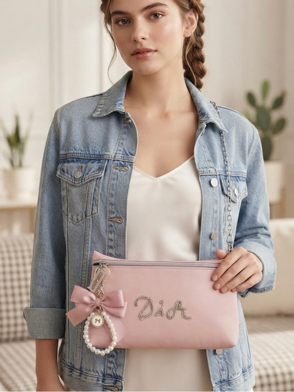 Dior Pink Pearl & Bow Embellished Crossbody Clutch